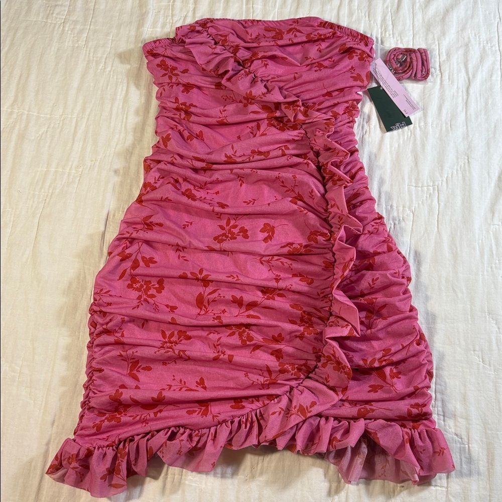 NWT Homecoming Festival Party Pink Floral Ruched Ruffle Mini‎ Bodycon Dress XS